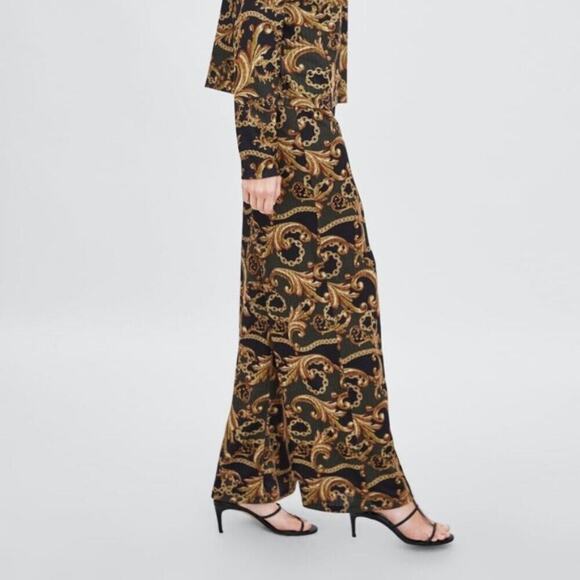 New Zara Baroque Green Wide Leg Textured Pants - Picture 1 of 7